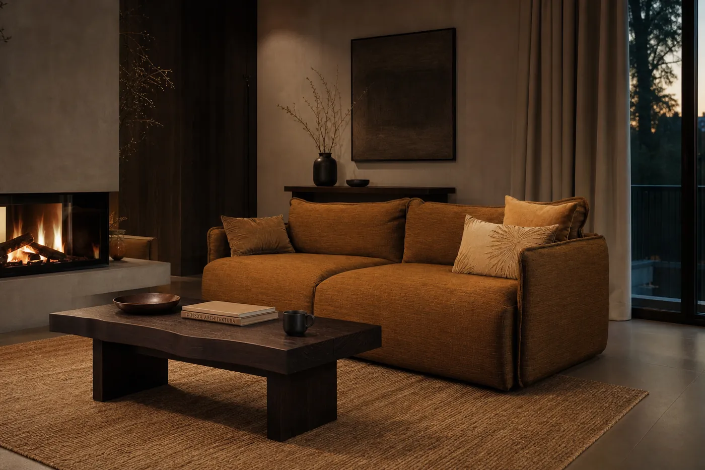 Bursztynowa sofa w ciemnym wnętrzu przy rozpalonym kominku