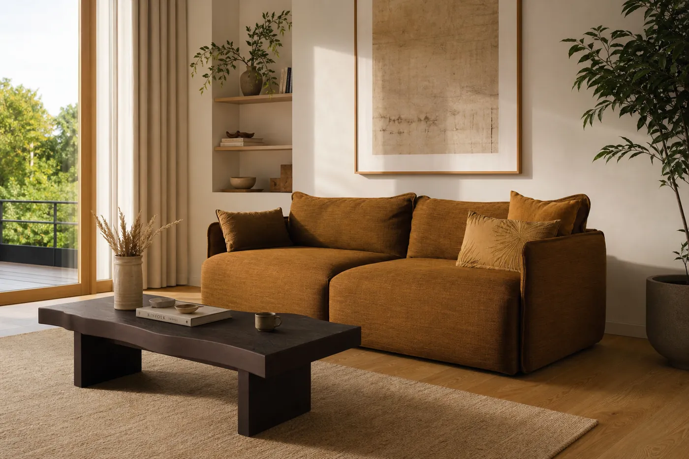 Bursztynowa sofa w jasnym wnętrzu z przeszkleniem na taras